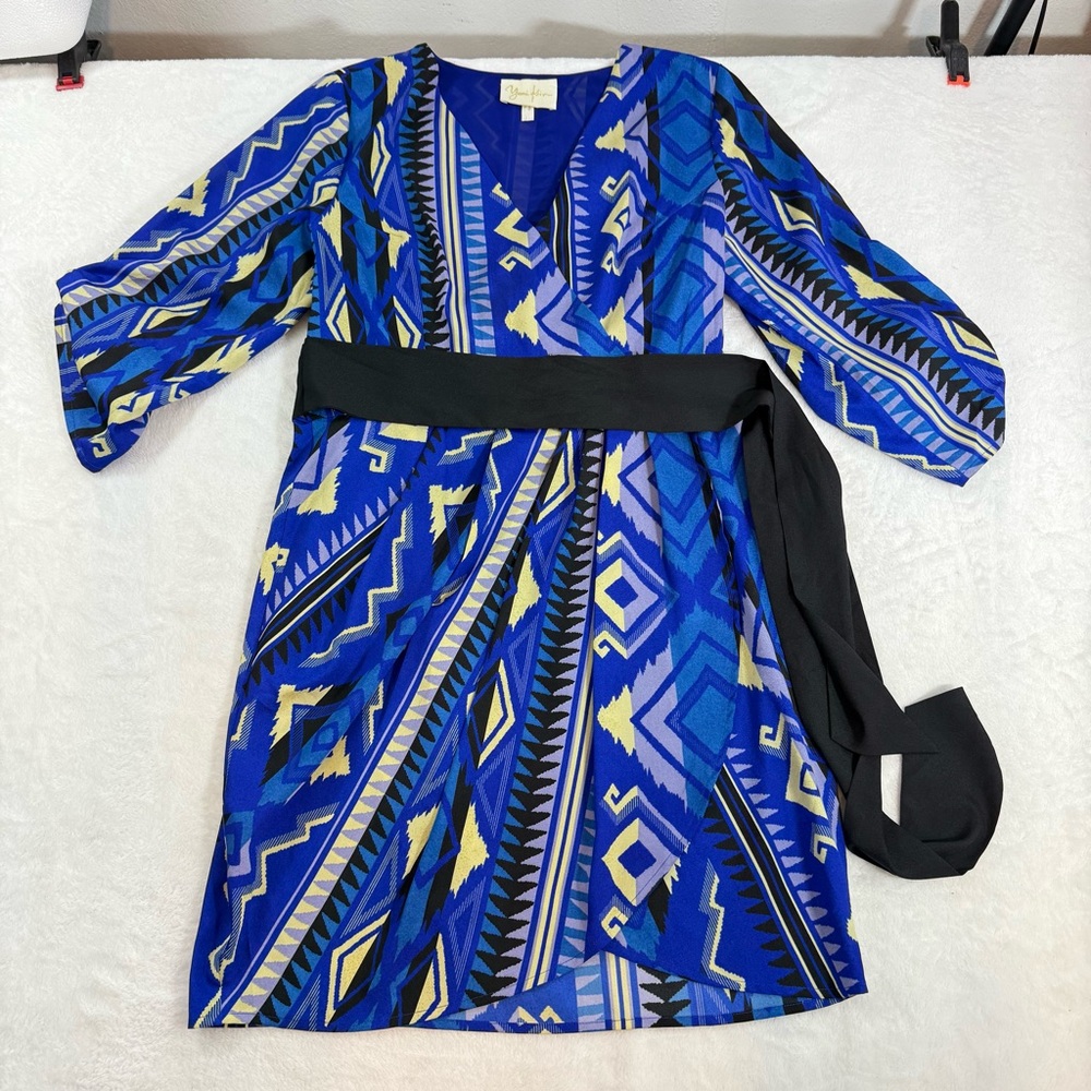 Yumi Kim Blue 9 to 5 Geometric Aztec Belted Faux Wrap Dress Tulip Womens Size LG - Picture 6 of 13